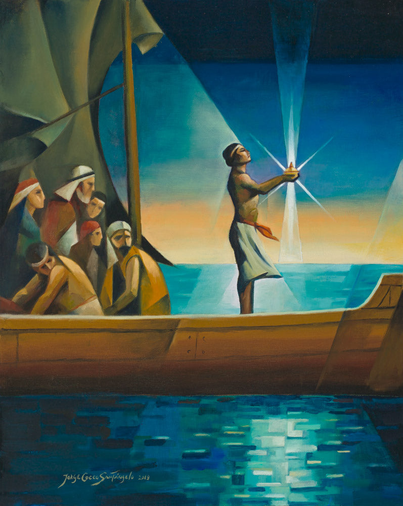 Bright colors: Nephi stands in a ship holding the glowing Liahona.