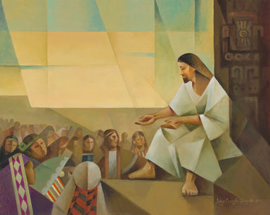 Modern painting of Jesus teaching a group of people.
