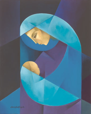 Modern-style painting of Mary holding infant Jesus.
