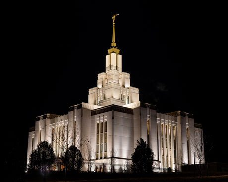 The Saratoga Springs Utah temple lit up at night.