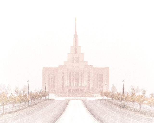 The Saratoga Springs Utah temple seen through a blizzard of snow.