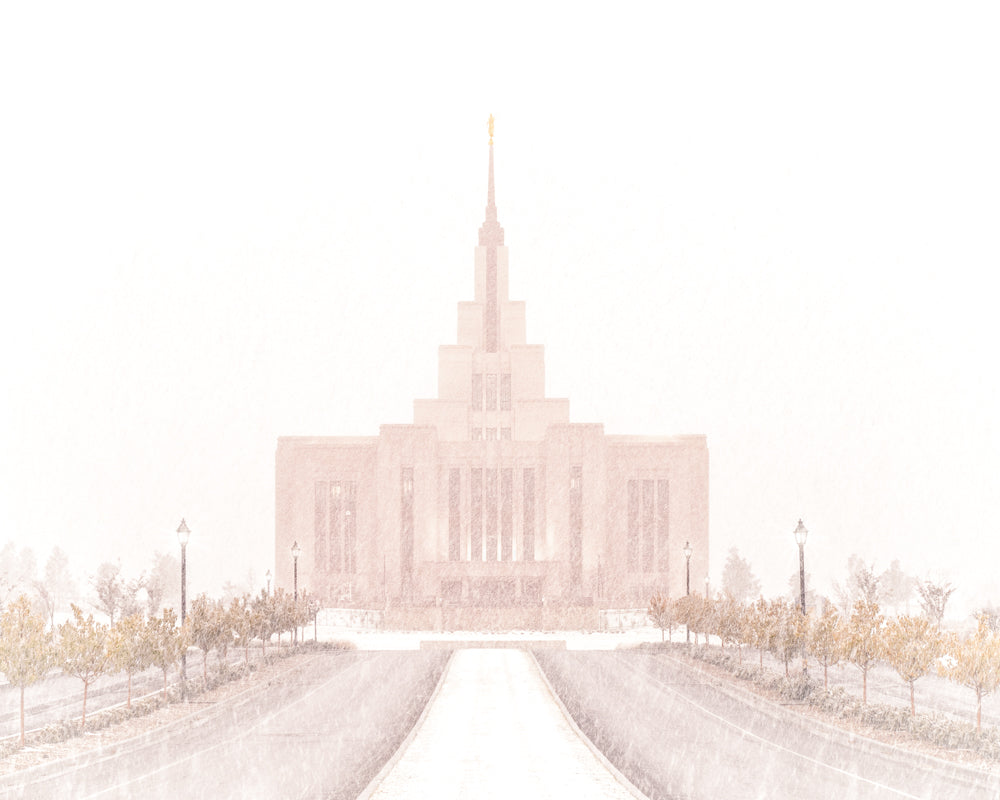 The Saratoga Springs Utah temple seen through a blizzard of snow.