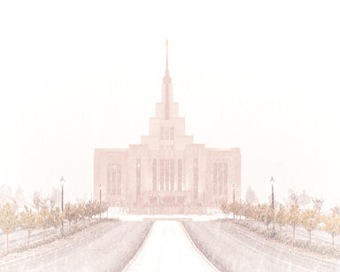 The Saratoga Springs Utah temple seen through a blizzard of snow.