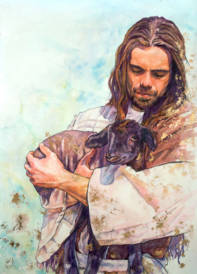 Jesus Christ holding a black sheep. 