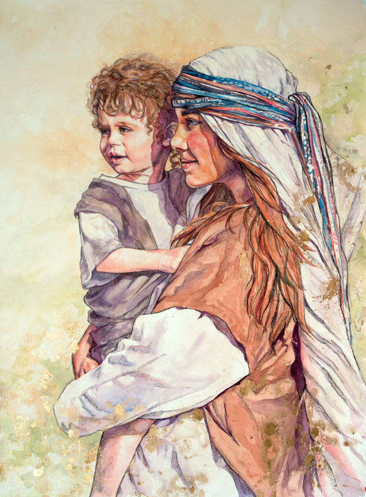 Jesus as a child and his mother Mary waiting for Joseph. 