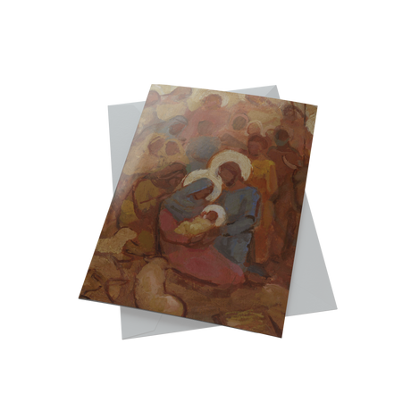 Christmas card by J. Kirk Richards, depicting a serene painting of Jesus surrounded by his family.
