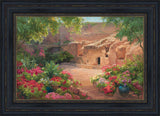 Empty tomb after Jesus had risen, surrounded by trees and flowers. Variation 5