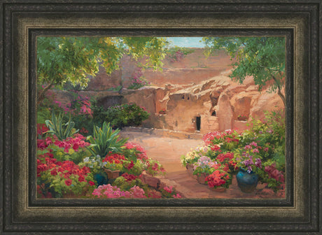 Empty tomb after Jesus had risen, surrounded by trees and flowers. Variation 6