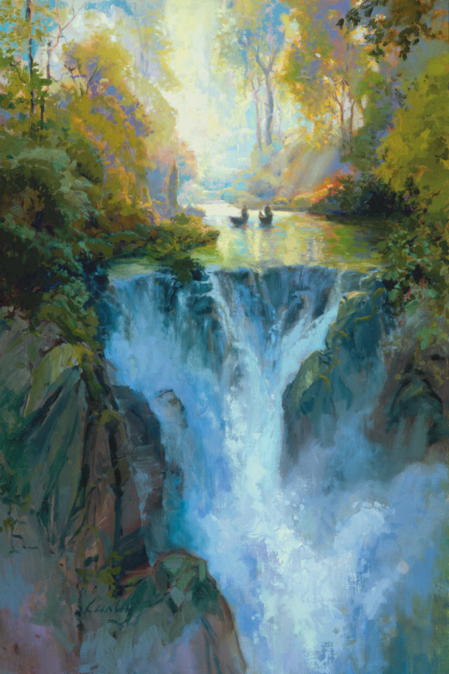 Two small boats paddling upstream above a waterfall. 