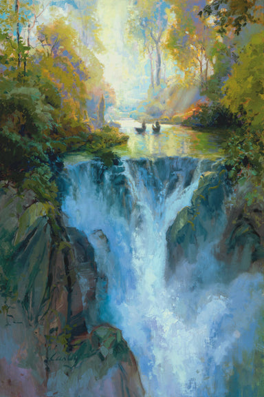 Two small boats paddling upstream above a waterfall. 