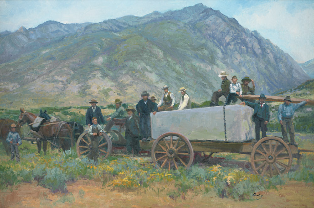 A group of early Latter-day Saint men hauling large slabs of granite on wagon. 