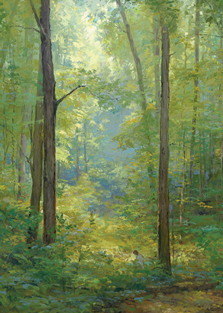 Joseph Smith kneeling in a grove of trees with a beam of light shining on him. Art 4