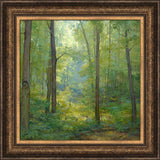 Joseph Smith kneeling in a grove of trees with a beam of light shining on him. Art 16