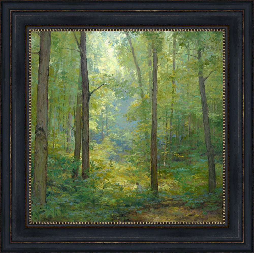 Joseph Smith kneeling in a grove of trees with a beam of light shining on him. Art 12