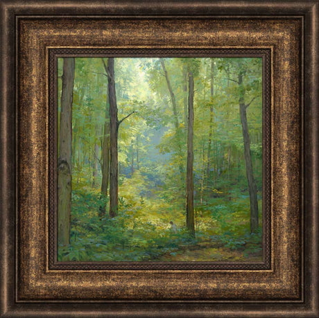 Joseph Smith kneeling in a grove of trees with a beam of light shining on him. Art 15