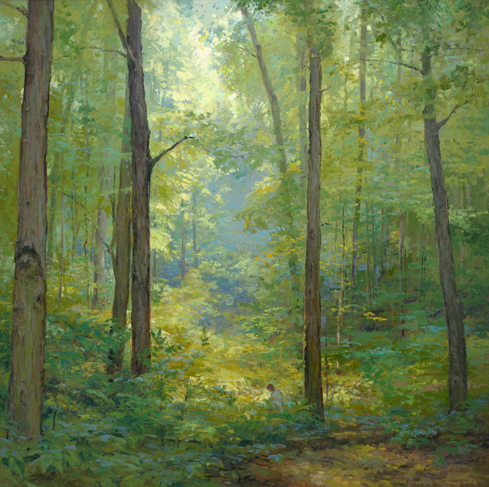 Joseph Smith kneeling in a grove of trees with a beam of light shining on him. 