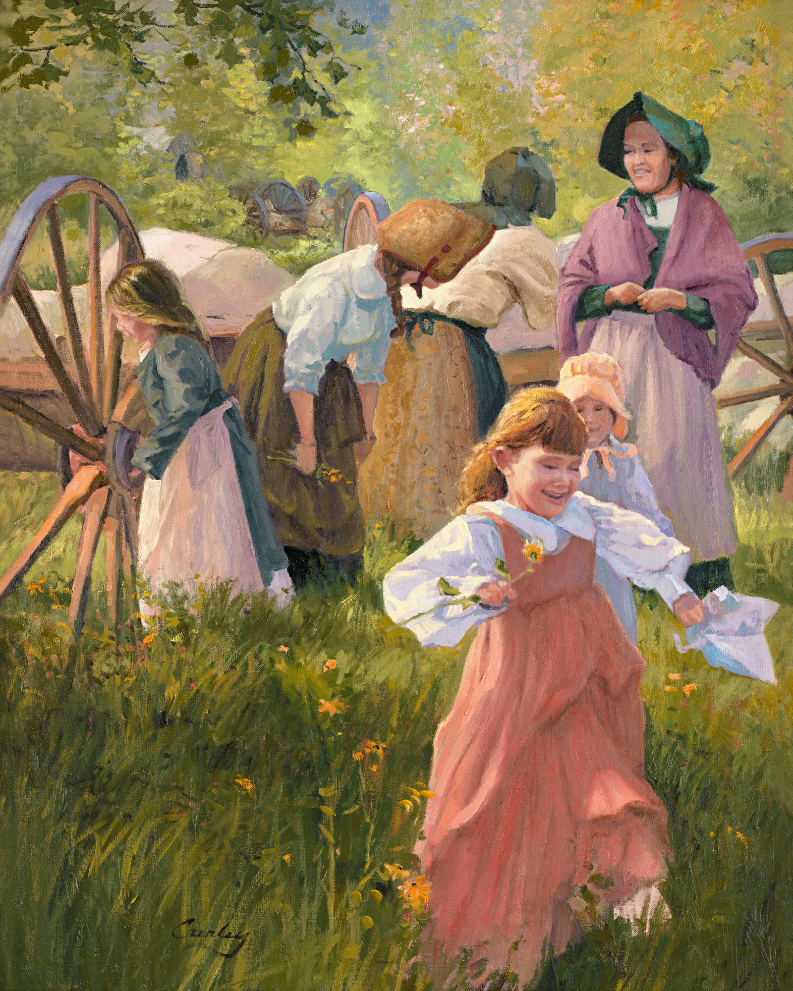 Group of women with handcarts smile while young girl picks flower. 