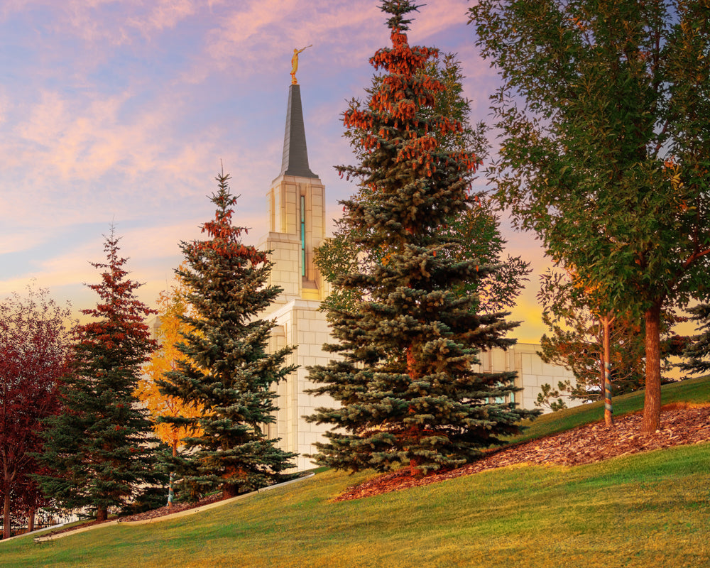 The Calgary Alberta Temple behind trees in the fall as the leaves change.