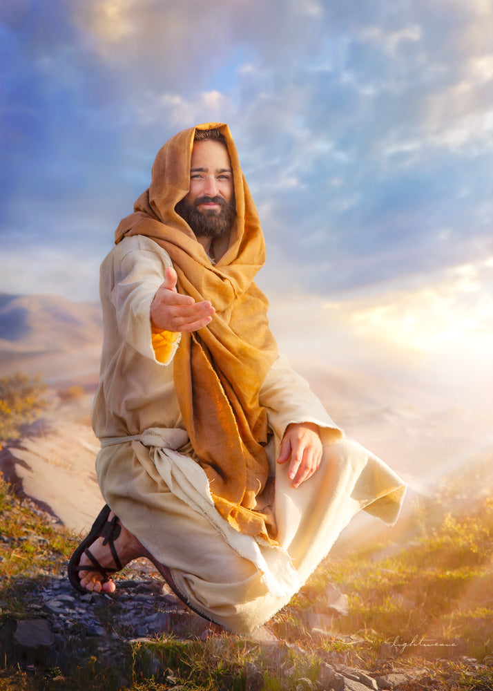 Jesus kneeling and smiling reaching out one hand. 