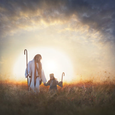 Jesus and a young shepherd holding hands walking in field. 