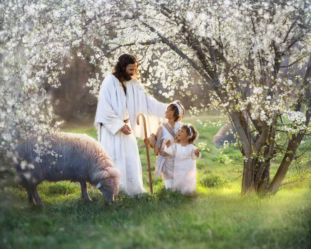 Biblical scene of Jesus and children with sheep in field.