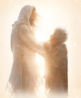 Jesus healing an older woman. They are surrounded by light and Christ is smiling.