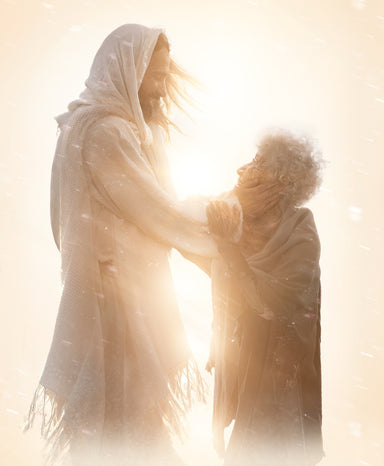 Jesus healing an older woman. They are surrounded by light and Christ is smiling.