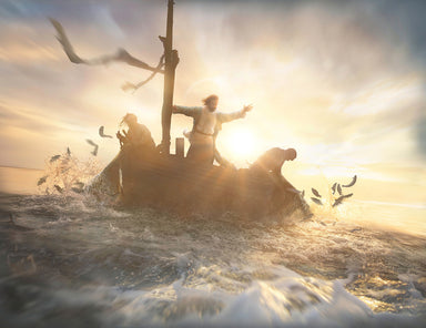 Jesus standing on a boat calming the storm.