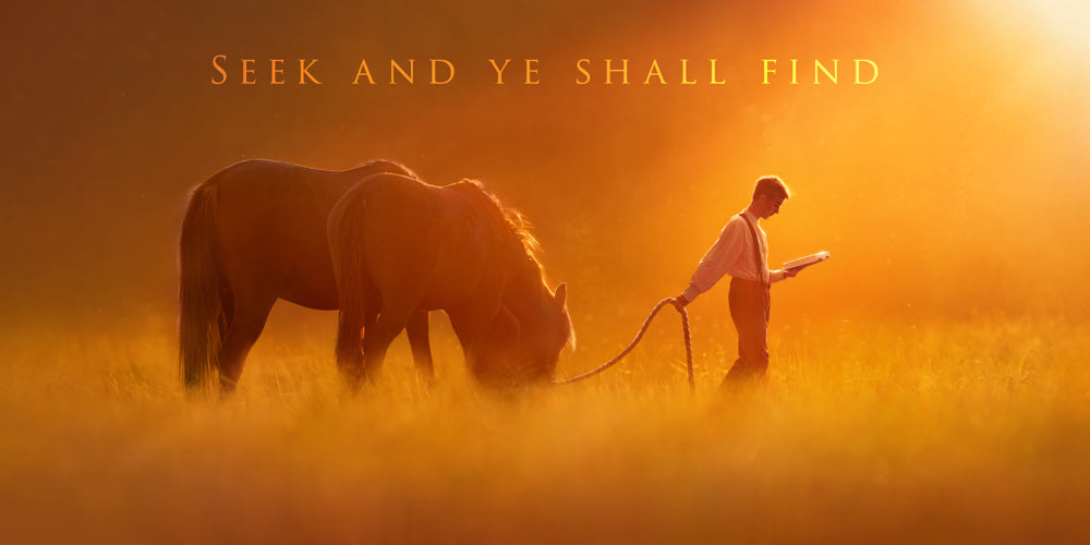 Young Joseph Smith leading a horse in a field while reading. 