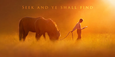 Young Joseph Smith leading a horse in a field while reading. 