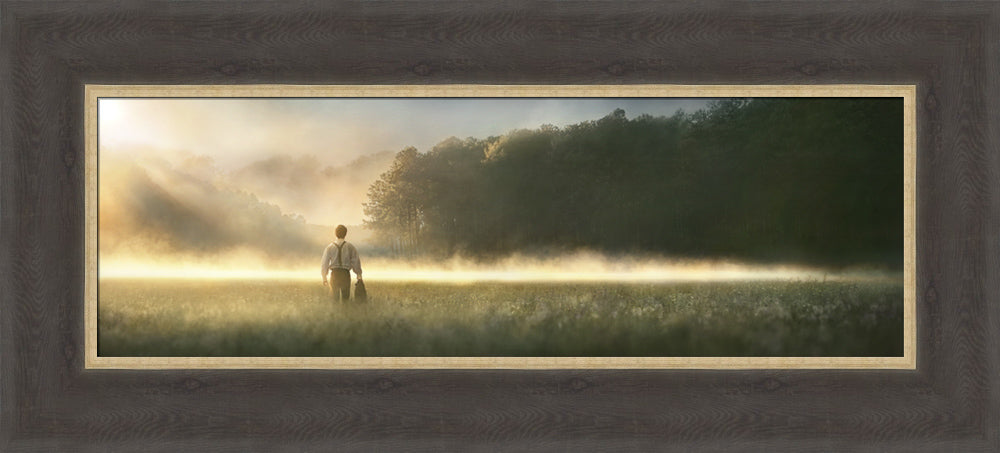 Young Joseph Smith walking towards a grove of trees. art 14