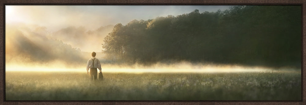 Young Joseph Smith walking towards a grove of trees. art 16