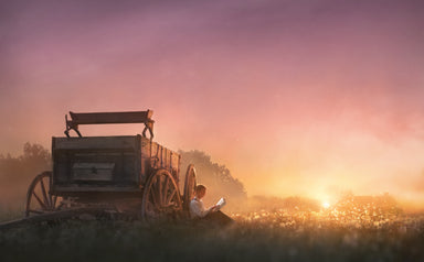 Young Joseph Smith sitting by a wagon reading at sunset. 
