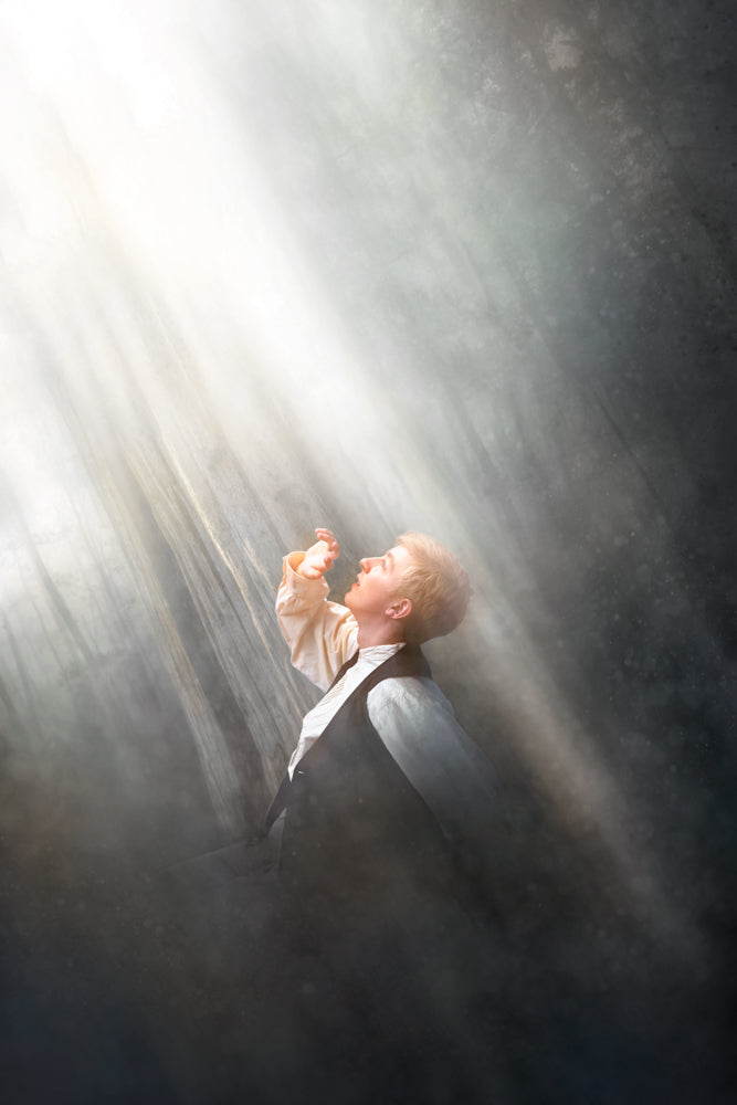 Young Joseph Smith overcoming darkness seeing light ascending. 