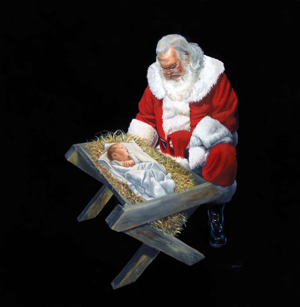 Santa kneeling over a manger looking at baby Jesus, with a black background. 