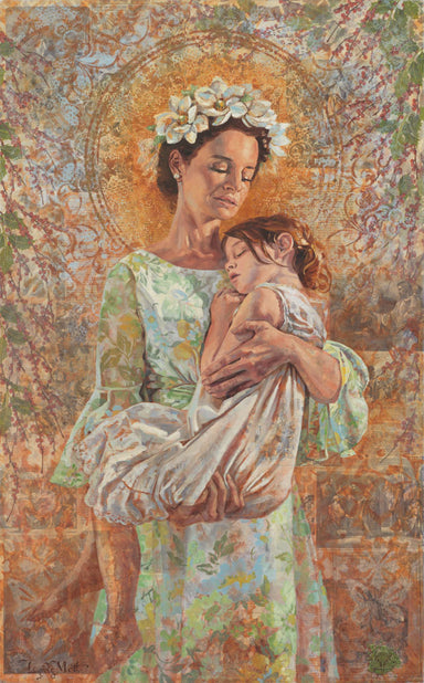 A mother with flowers in her hair holding a young girl in hope the savior can heal her. 