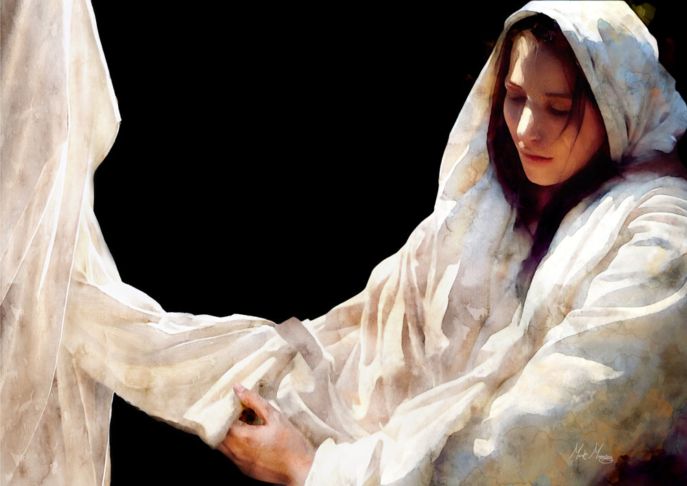 The woman with the issue of blood touches Jesus Christ's garment.