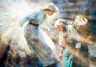 An angel touches the shoulder of an old woman who is carrying a heavy load on her back.