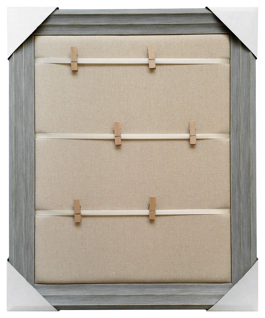 19x23 Framed Memo Board, 3 stripe ribbons with 6 clothespins over plain fabric, Blue frame