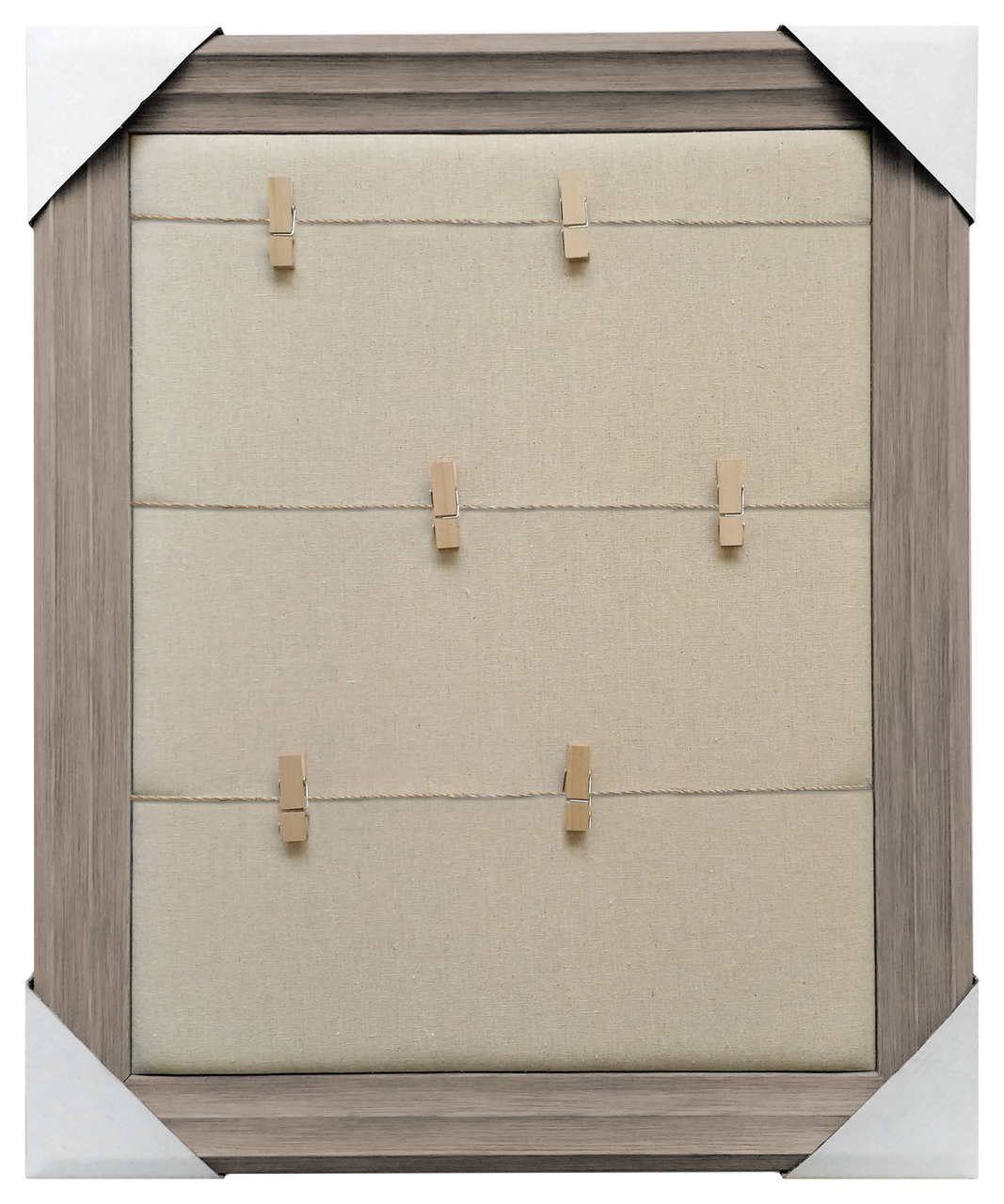 19x23 Framed Memo Board, Clothespins with twine over plain fabric, Light Brown frame