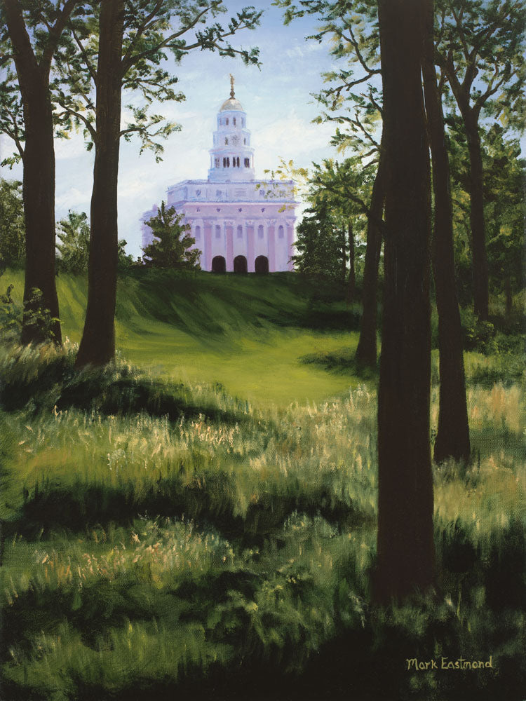 View of the Nauvoo temple through the trees. 