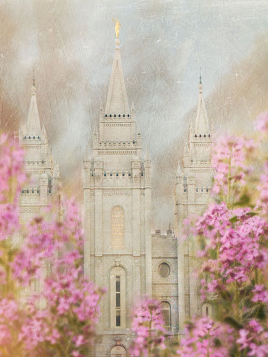 Salt Lake Utah Temple with pink blossoms. 