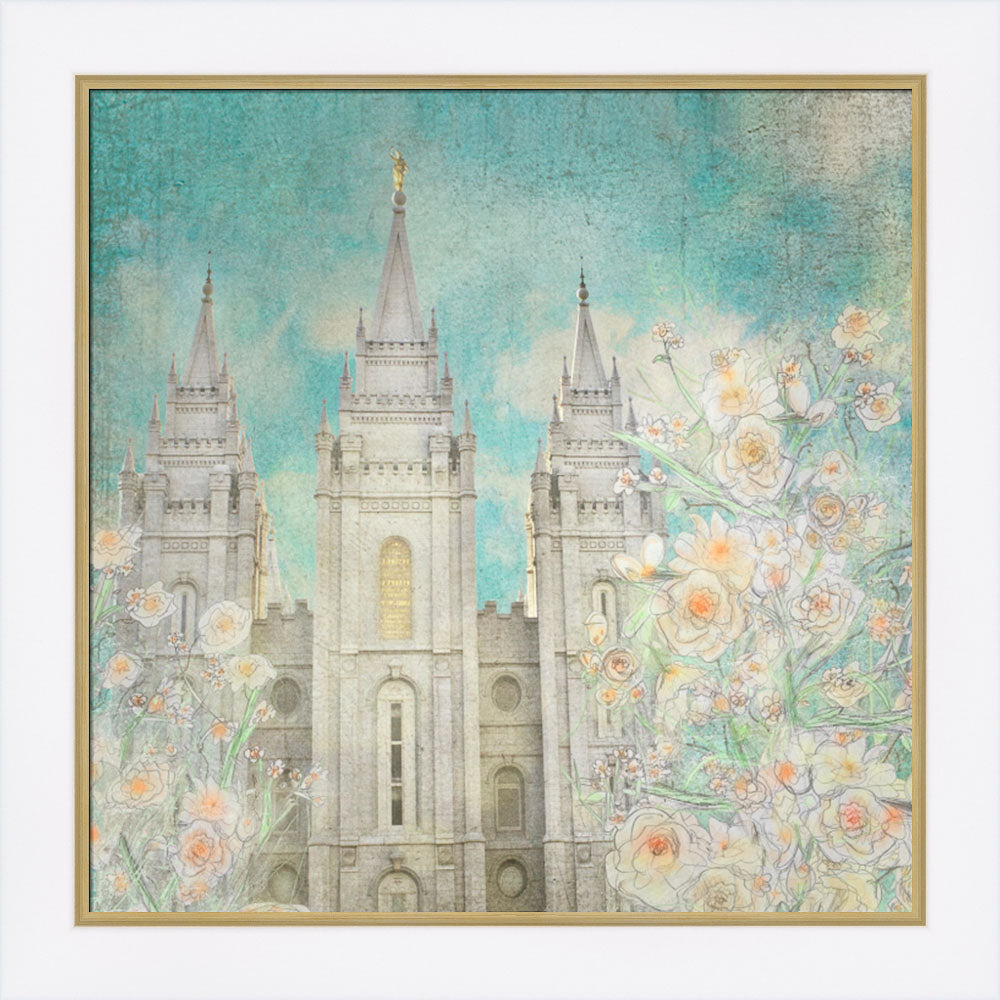 Salt Lake Temple - Enlightened 19x19 framed giclee canvas white frame