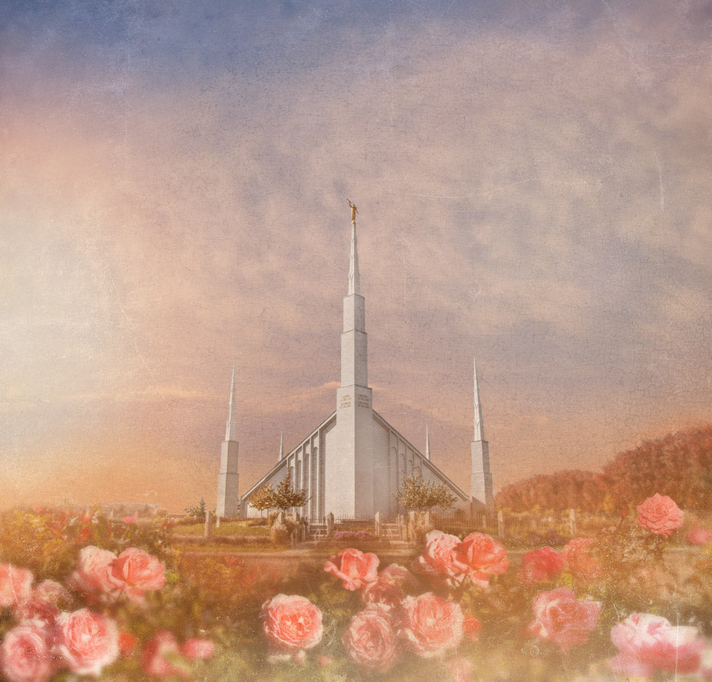 Boise Idaho Temple at sunset with pink flowers. 