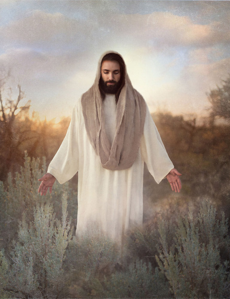 Jesus standing in sage bush with arms stretched out. 