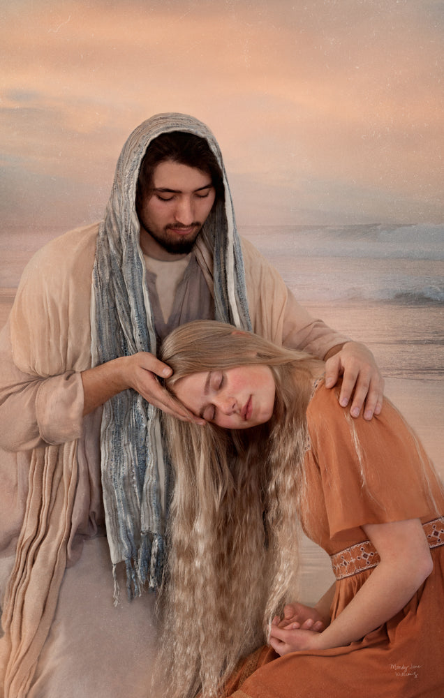 Jesus Christ holding the head of a young woman as she leans on him for support.