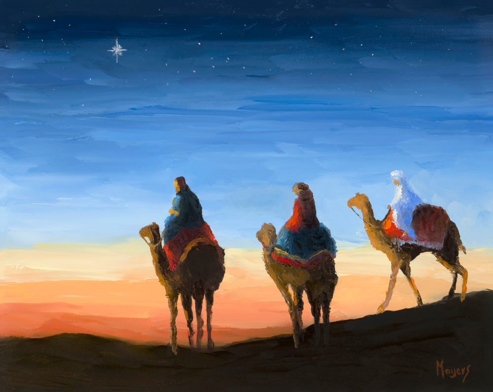 Painting of the three wise men riding camels through the desert.