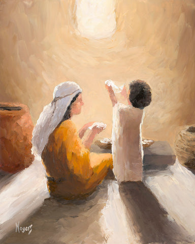Modern painting of Mary sitting in front of a window with young Jesus.