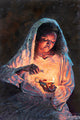 A woman filling a glowing clay lamp with oil.