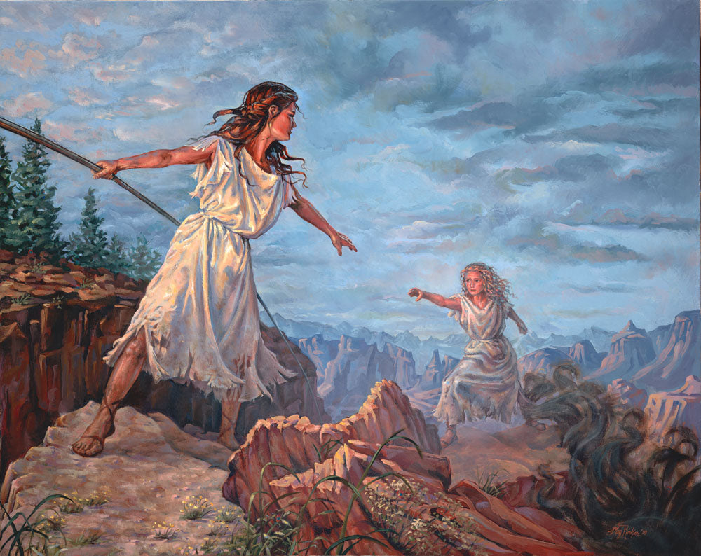 A young woman in a weathered white dress holding ot the iron rod and reaching out to another young woman.